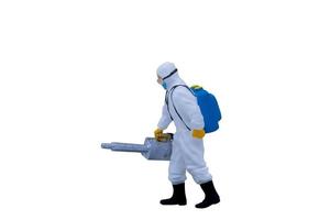 Miniature doctor with protective suits isolated on a white background photo