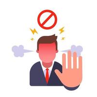 man shows stop gesture. ban for entry. angry with the person and forbid. flat vector character illustration.