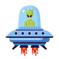 green cute alien in a UFO on a white background. flat vector illustration