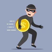 the criminal stole a gold coin. run away from the crime scene. Flat character vector illustration.