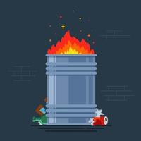 trash can burns. bonfire for poor people. burning a bunch of trash. flat vector illustration.