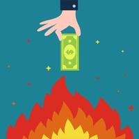 Hand holds dollar bill over bonfire. burning money. flat vector illustration