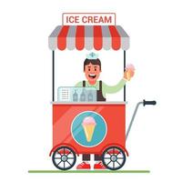 cart on wheels with ice cream. cheerful seller sells ice cream. flat character vector illustration