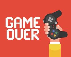 Game over poster with a hand that holds the joystick. flat vector illustration.