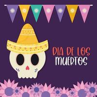 Mexican day of the dead skull with hat and flowers vector design