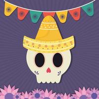 Mexican day of the dead skull with sombrero hat and flowers vector design