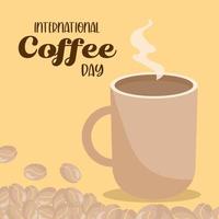 international coffee day with hot mug with beans vector design