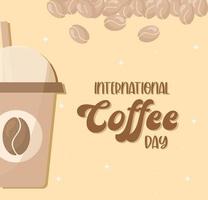 international coffee day with iced coffee and beans vector design