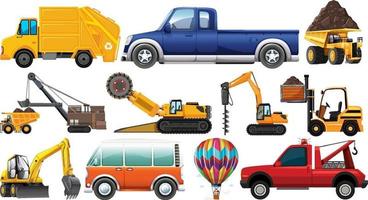 Set of different kind of cars and trucks isolated on white background vector