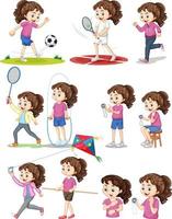 conjunto de niña haciendo diferentes tipos de deportes. vector