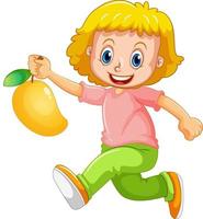 Un niño con personaje de dibujos animados de fruta de mango aislado sobre fondo blanco. vector