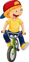 Un niño en bicicleta, personaje de dibujos animados aislado sobre fondo blanco. vector