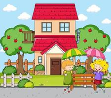 escena frente a la casa con una niña sosteniendo paraguas vector