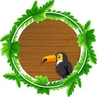 Round green leaves banner template with a toucan cartoon character vector