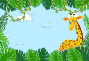 Giraffe cartoon character with tropical leaves frame vector