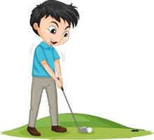 personaje de dibujos animados de un niño jugando al golf sobre fondo blanco vector