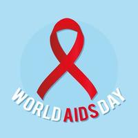 big red ribbon with world aids day lettering on a blue background vector