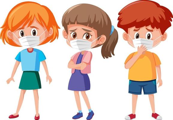 Set of different kids wearing mask cartoon character