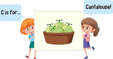 Cartoon character of two kids spelling fruit vocabulary vector