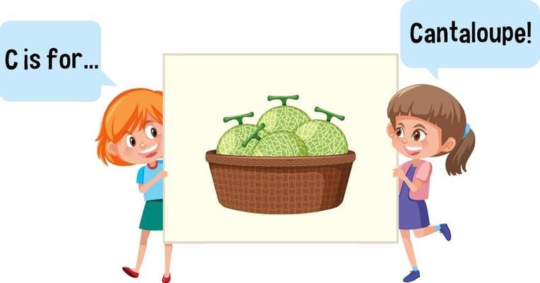 Cartoon character of two kids spelling fruit vocabulary