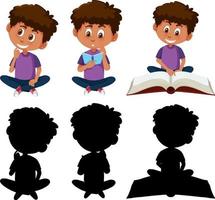 conjunto de un personaje de dibujos animados de niño en diferentes posiciones con su silueta vector