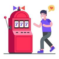 man addicted to gambling slot machines. lover of excitement. Flat character vector illustration.