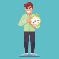 a man holds a big golden watch and points a finger at a time. flat character vector illustration