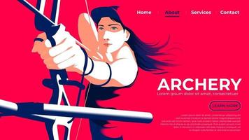 Vector illustration for UI or a landing page of the female archer pulling the bow and ready to shoot with determination in eyes.