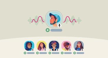People use headphones and listen to a smartphone, screen shows status of people using social networking applications, learning or meeting online vector