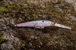 Wobbler señuelo de pesca sobre una piedra mojada con musgo foto