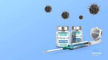 Coronavirus vaccine. Immunization treatment. Vaccine bottle and syringe injection tool for covid19. Vector illustration.