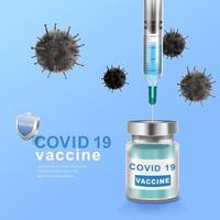 Coronavirus vaccine. Immunization treatment. Vaccine bottle and syringe injection tool for covid19. Vector illustration.