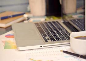 Laptop and coffee on a desk photo