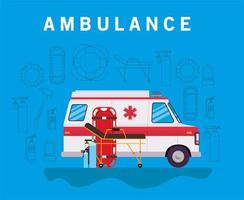 Ambulance banner with ambulance stretcher, oxygen cylinders and car vector