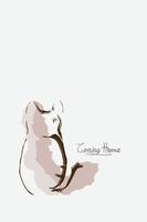 a cat on light brown background with text, coming home. vector