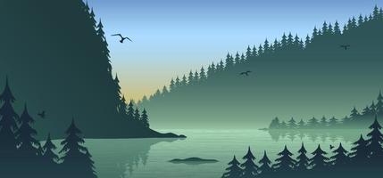 Silhouette forest landscape, flat design with gradient, vector illustration background