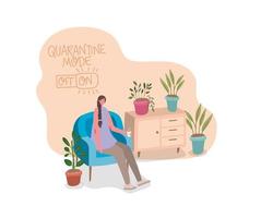 Quédate en casa banner con mujer bebiendo café en el interior vector