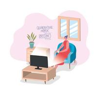 Woman drinking coffee and watching tv vector design