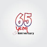 Logotipo de celebración de aniversario de 65 años. Logotipo de aniversario con color rojo y azul aislado sobre fondo gris, diseño vectorial para celebración, tarjeta de invitación y tarjeta de felicitación. vector