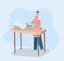 Man cooking in front of laptop design vector