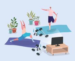 Men working out at home vector