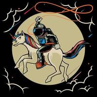 Astronaut riding a unicorn on the moon cartoon character vector flat illustration. Magic space cosmonaut with fairytale animal. Print for t-shirts and another, trendy apparel design.