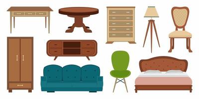 Stylish vintage comfy furniture and modern home decorations bundle in trendy cartoon style. Collections of interior design flat vector elements isolated on a white background. Vector illustration