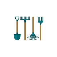 Shovel icon flat style. Gardening, planting tool kit. Cartoon small hoe, rake for harvesting leave, garden shovel, pitchfork. Household working instrument. Vector illustration