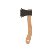 Cartoon ax with brown wood handle and shiny metal blade. Forester axes isolated on white background. Flat icon of farmer tool or gardening equipment. Vector illustration