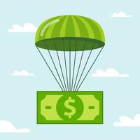 dollar is falling smoothly on a parachute. flat vector illustration.