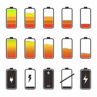 Set of different battery capacity levels with colorful indicators. Low battery red color and high full level energy battery green. Flat design vector illustration