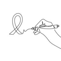 One line drawing of a hand with red ribbon. aids. Hand's people show symbol HIV Aids with a pen isolated o white background. Awareness Aids lettering concept. World Aids Day. vector illustration