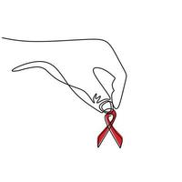 One line drawing of hand holding red ribbon symbol for aids. Prevention and protection HIV Aids minimalism design. World AIDS Day 1 December concept. Vector illustration continuous line drawing