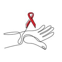 Red ribbon Aids in hands continuous one line drawing. Support hope for cure vector illustration with red loops and lettering. HIV Aids recovery concept. Minimalist style. Vector illustration